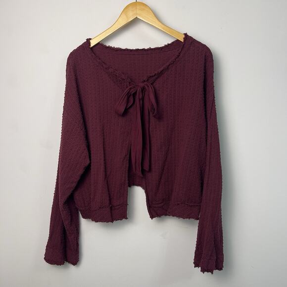 FREE PEOPLE WALKING IN HUECO Tie Back LONG SLEEVE Size Medium TOP RASPBERRY - Picture 2 of 6